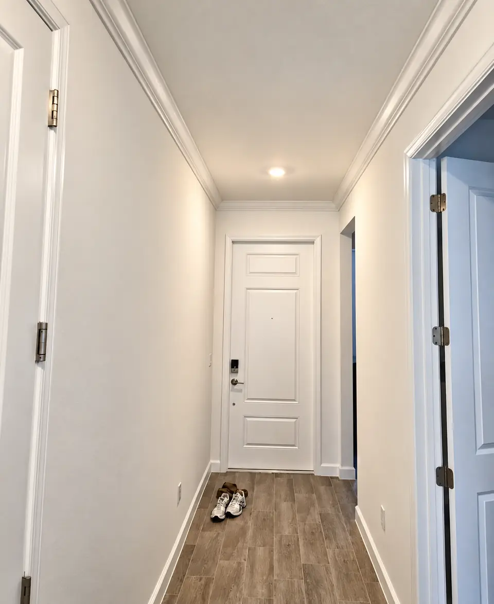 Hallway with new baseboards and door casings