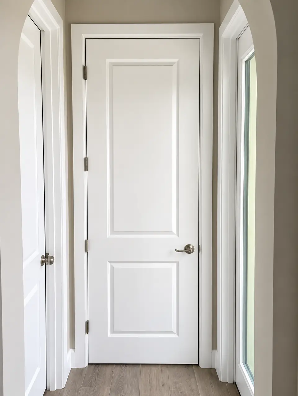 White interior door with clean casing and baseboards